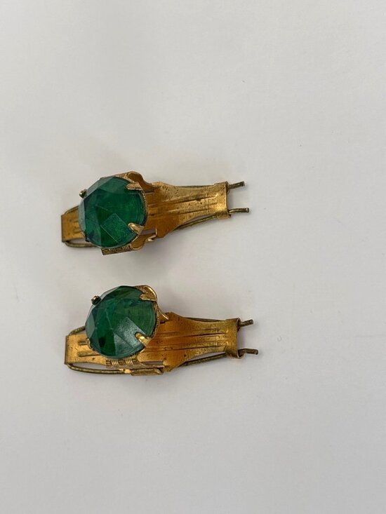 Vintage Rare 1930\'s Metal Gold Tone Metal Hair Barret Clips Pins Green Stone main image 4